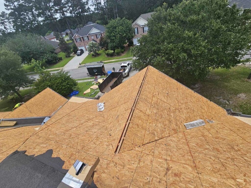 Full roof decked with new plywood during a replacement