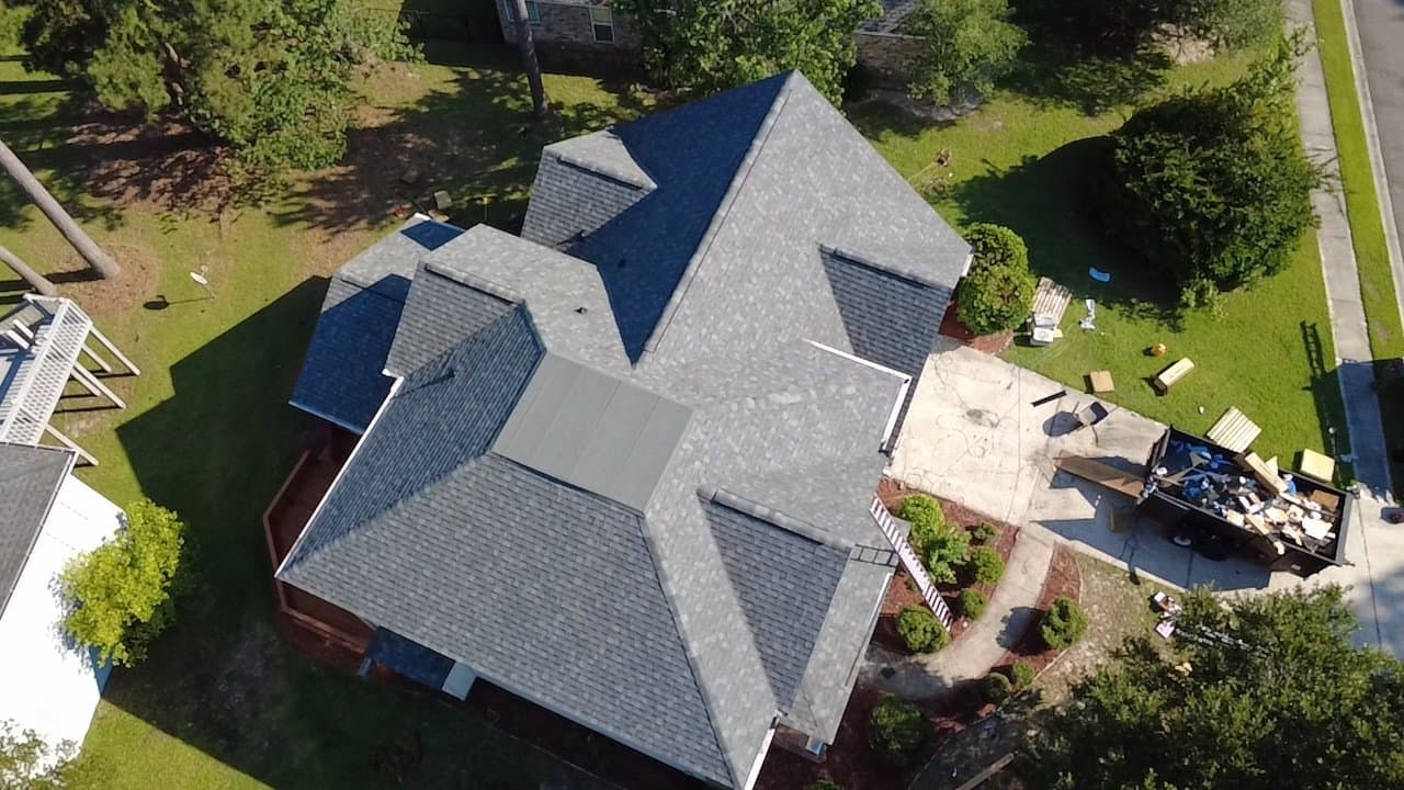 Aerial drone view of a completed roof replacement in Charleston SC