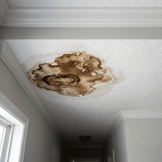 Ceiling water damage and brown stains caused by a roof leak