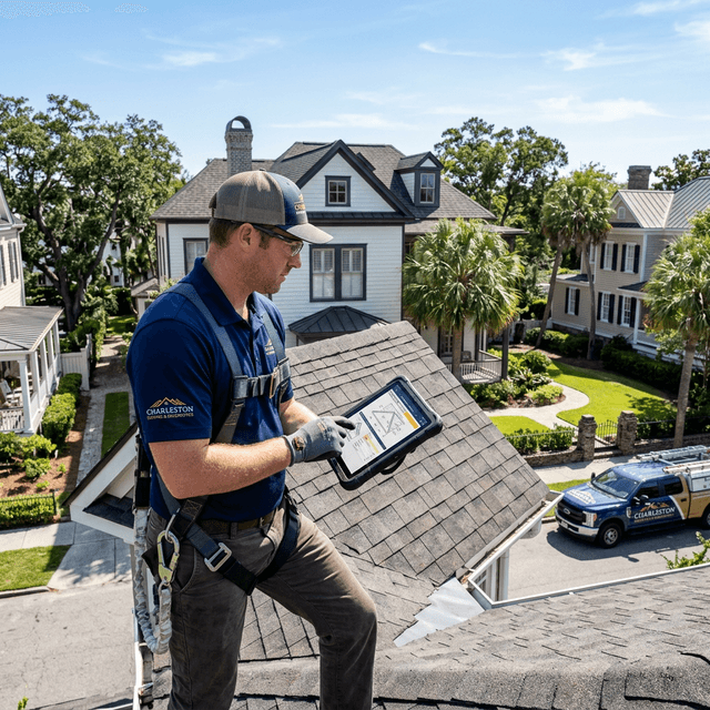 A professional roofer performing a detailed diagnostic inspection on a residential roof
