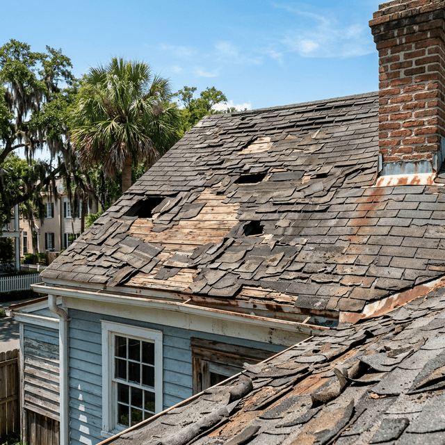 A worn out residential roof with curling and missing shingles in Charleston